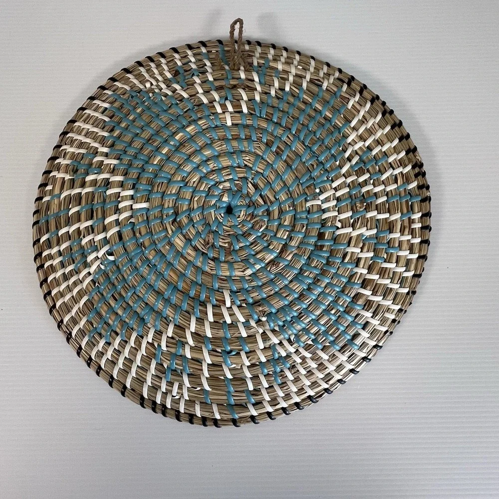 Set of 2 Woven Seagrass Wall Art Baskets Boho Decor Turquoise Blue Natural